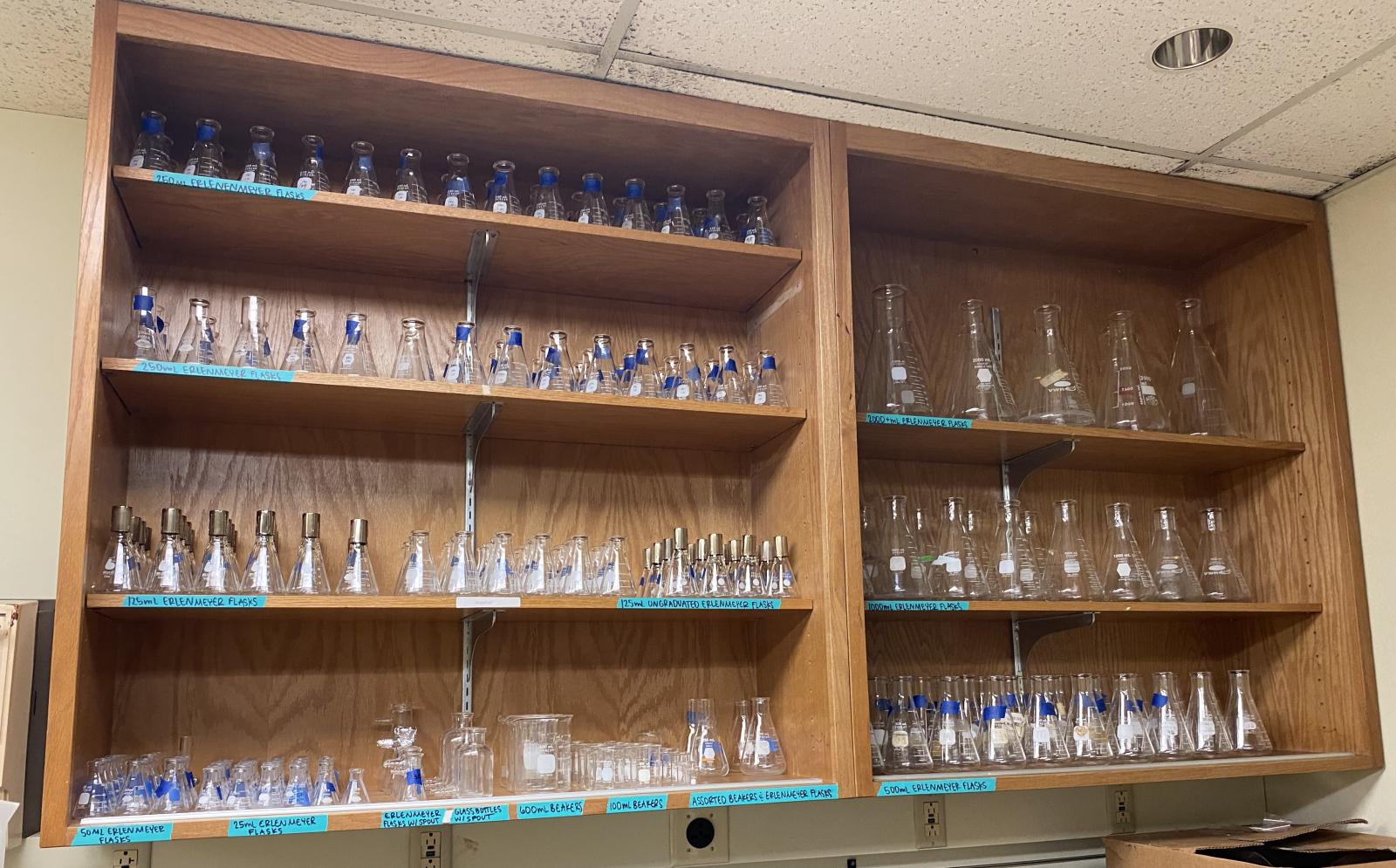 Shelves with laboratory glassware.