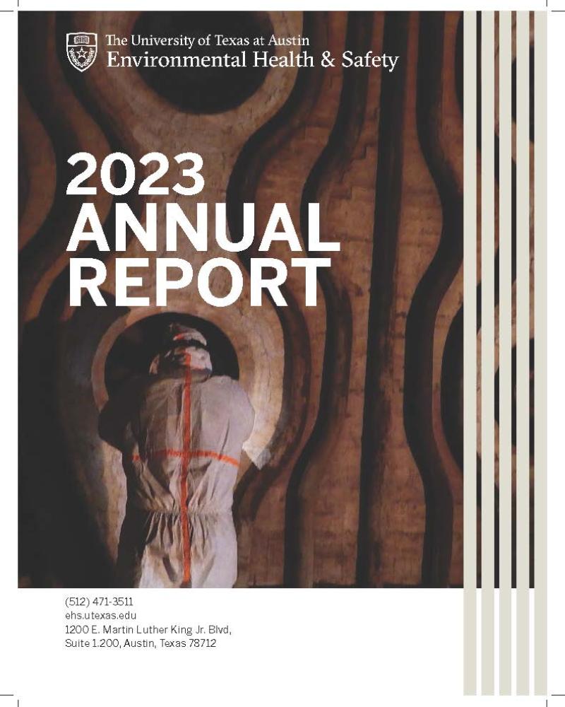 Front cover of the 2023 Environmental Health and Safety Annual Report showing a Safety Specialist performing an asbestos survey inside a boiler.