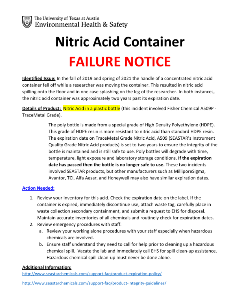 Thumbnail of the Nitric Acid Container Failure Notice