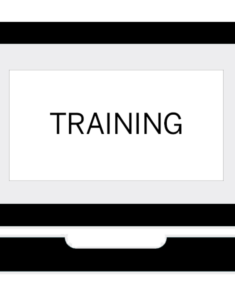 Simplistic black depiction of a laptop with the word "TRAINING" in the center.